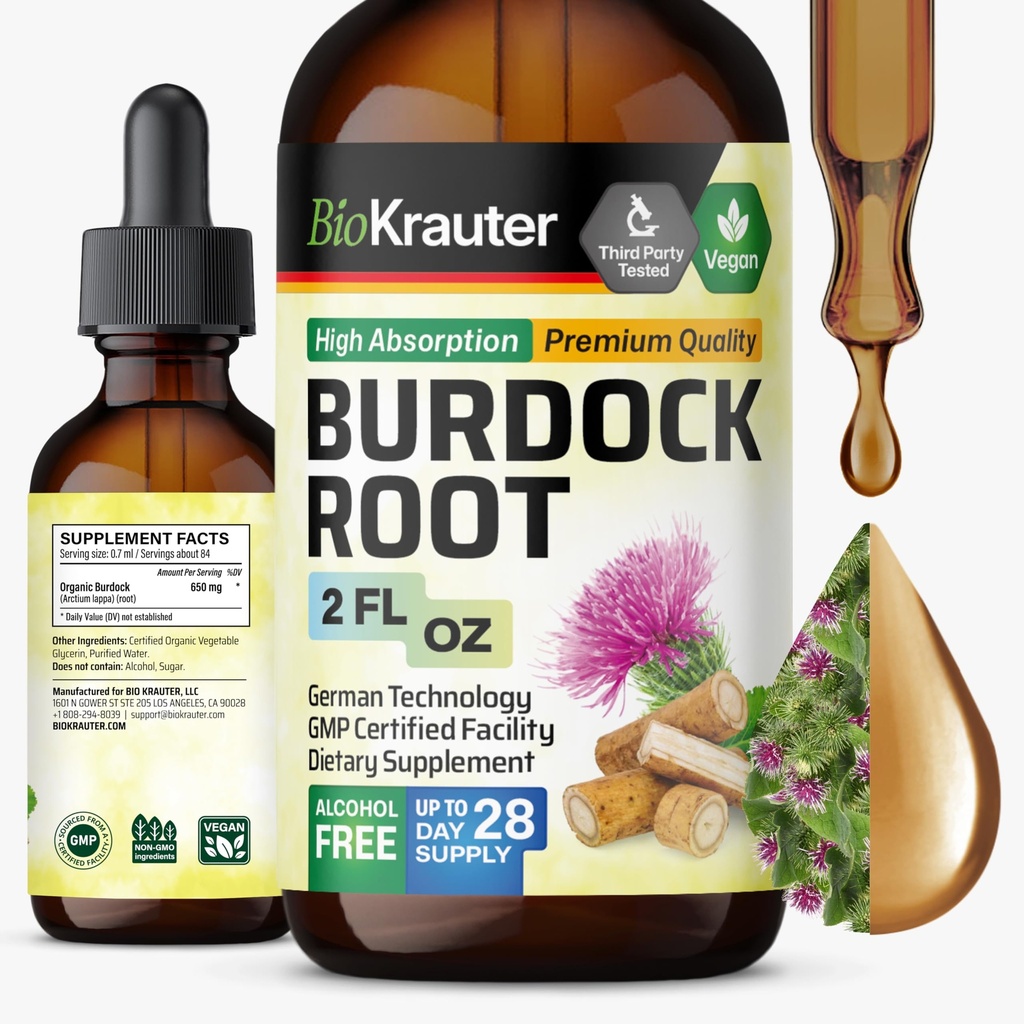 BIO KRAUTER® Burdock Root - Liquid Drops Arctium Extract 650 mg per Serving 2 Fl.Oz 28-Day Supply - Pure Vegan Burdock for Natural Cleanse & Detox, Skin & Digestive Support - Alcohol & Sugar Free