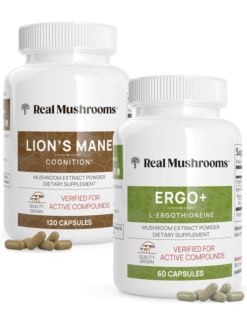 Ergothioneine (60ct) en Lions Mane (120ct) Bundel met Shiitake en Oyster Mushroom Extracten - Duurzaamheid en cognitie - Veganistisch, Glutenvrij, Non-GMO