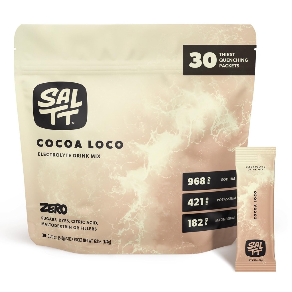 SALTT Electrolytes Powder Flavored Drink Mix - Cocoa Loco - 30 Hydration Packets - Magnesium, Potassium, Sodium, Trace Minerals - Zero Sugar & Gluten Free - Travel Essentials
