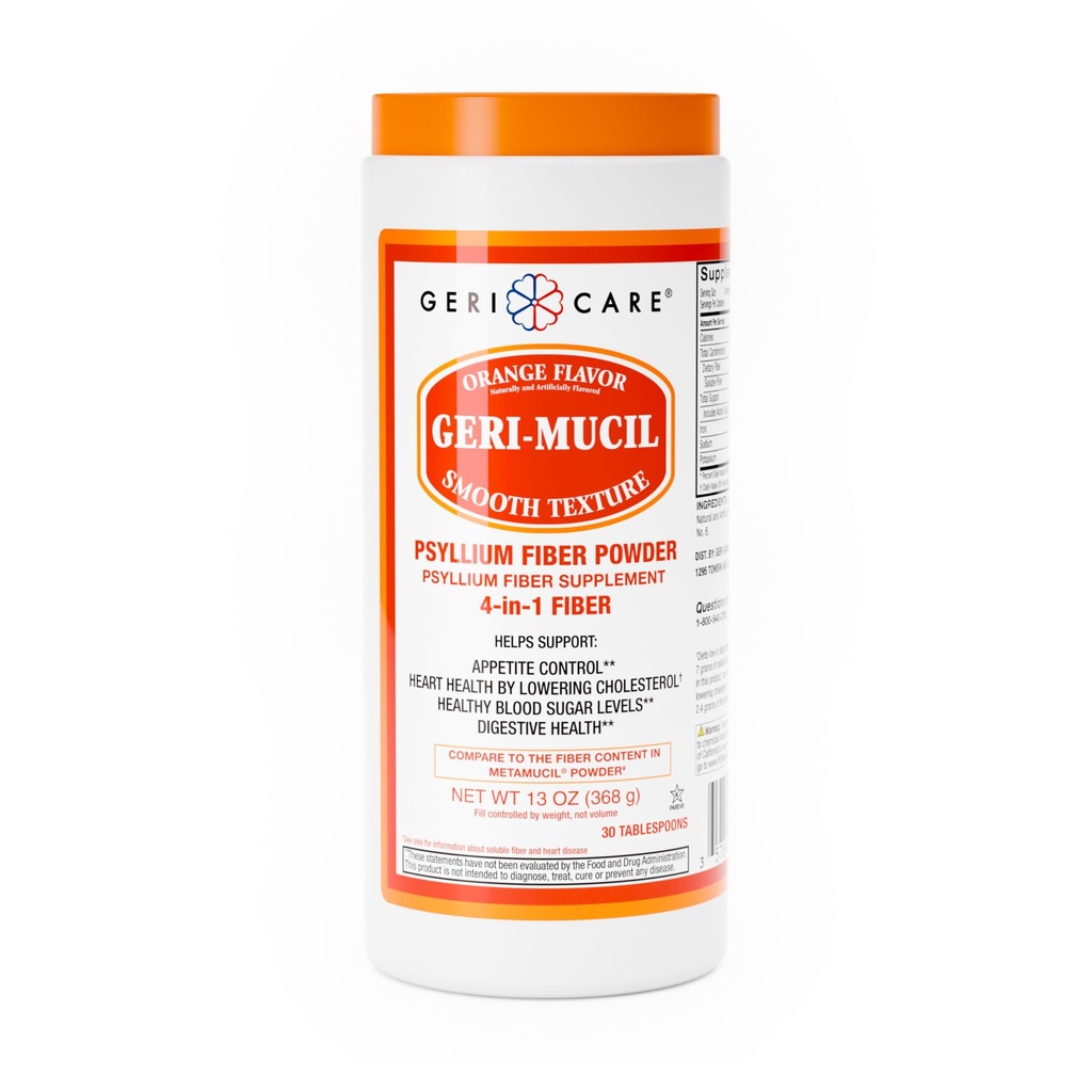 Geri-Mucil Psyllium Powder By GeriCare|4-In-1 Orange-Flavor Psyllium Husk Powder| Daily Fiber Supplement| Sweetened Gluten-Free Fiber Drink Mix| Water-Soluble Husk Fiber Powder For Bowel Movement|13oz