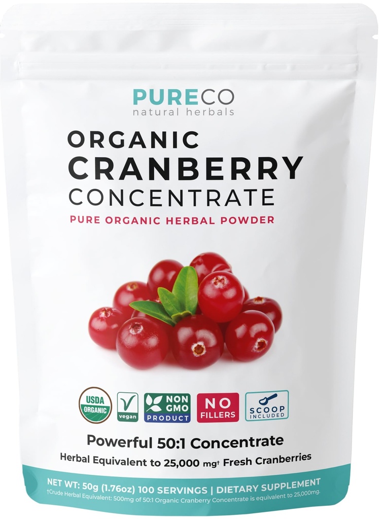 USDA Organic Cranberry Concentrate (50:1) Poeder - 500mg is equivalent aan 25.000mg verse veenbessen - voor nierreiniging & UTI Support Vitaminen - Vrouwen - Supplement - 100 porties - Geen pillen