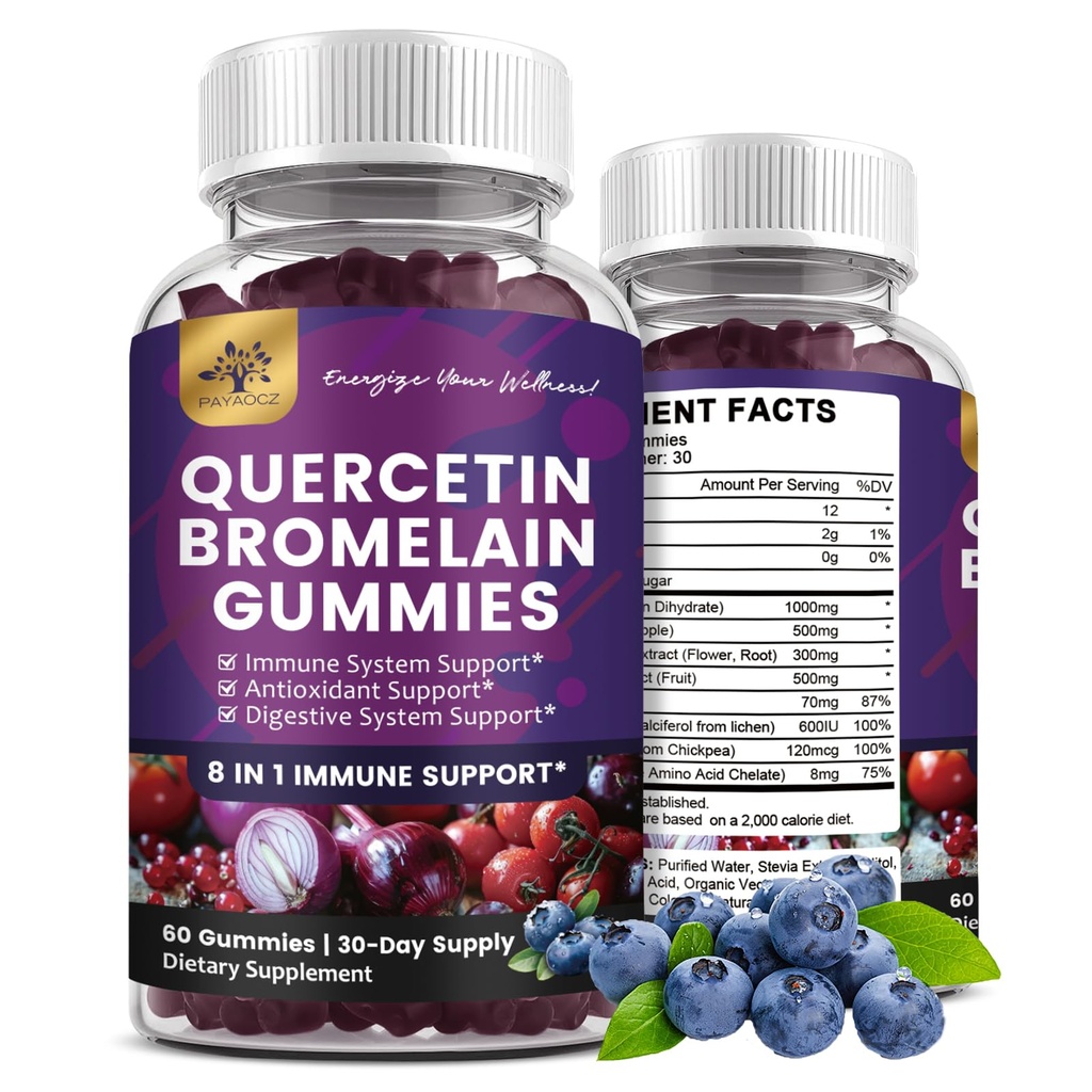 (2 Pack) Quercetine Gummies met Bromelain Zink Vlierbessen Vitamine C D3 K2, Quercetin 1000mg Supplement met Bromelain 500mg voor Cardiovasculaire, Immuunsysteem & Allergie, Vegan Gummy voor volwassen & Kid