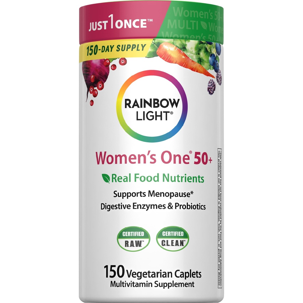 Rainbow Light Womens One + Multivitamin 50 Plus | 150 Caplets | Supports Menopause | with Vitamins C, D, and Zinc | Real Food Nutrients, Digestive Enzymes & Probiotics