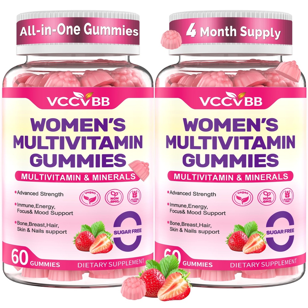 All-in-One Women's Multivitamin Gummies with Complete Vitamin & Mineral Complex, Herbal Blends for Energy, Overall Health, High Potency Hair Skin and Nails Vitamins, Strawberry Flavor, 2 Pack