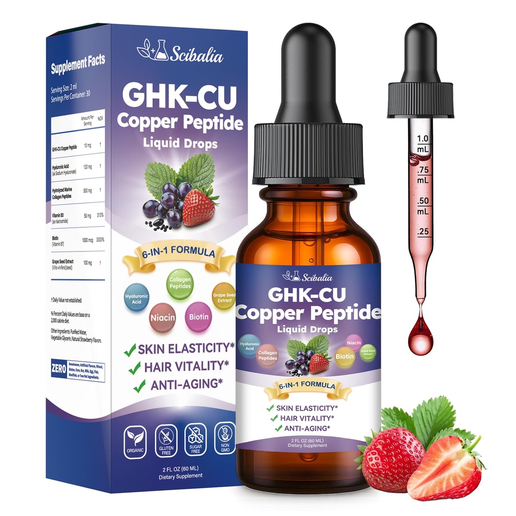 GHK-CU Peptide Supplement Liquid Drops, Premium 6-in-1 GHK CU Copper Peptides w. Marine Collagen Hyaluronic Acid Biotin for Anti-Aging, Skin Hair Growth Support, Oral Drops丨Women Men