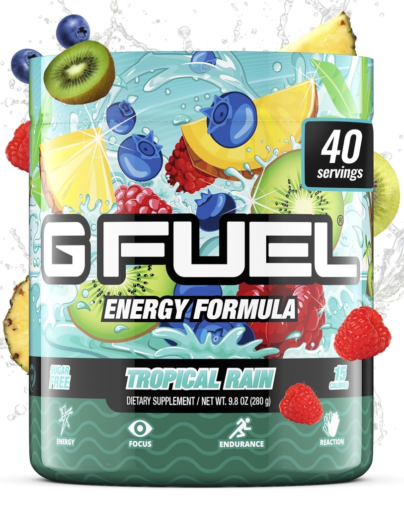 G Fuel Tropical Rain Energy Drink Powder, Pre Workout Cafeine Mix voor Gaming, Sugar Free Focus Amino, Vitamine + Antioxidanten, 9.8oz (Fruit Medley, 40 Servings)