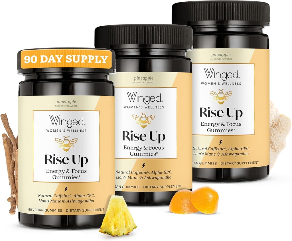 Winged Wellness Rise Up, Energy & Focus Gummies for Women - Daily Brain Boost Gummy Supplement with Natural Cafeine, Ashwagandha, B12, Nootropics Alpha-GPC & Lion