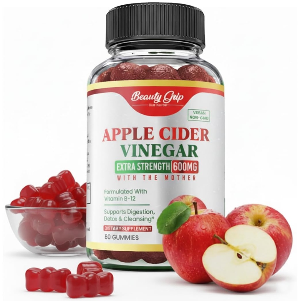 Apple Cider Vinegar Gummies with The Mother – Organic ACV + Pomegranate, Beetroot & B12 – Digestive, Detox & Energy Support – Vegan, Halal – 60 Gummies