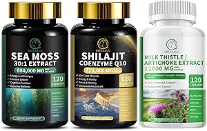 Sea Moss and Shilajit Bundle, Milk Thistle Capsules for Liver Cleanse Detox & Repair, Energy, Antioxidant, Immune Support