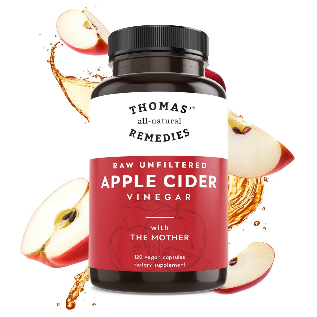 Thomas' all-natural Remedies Apple Cider Vinegar with the Mother, Raw & Unfiltered ACV Pills for Gut & Digestion, 120Ct