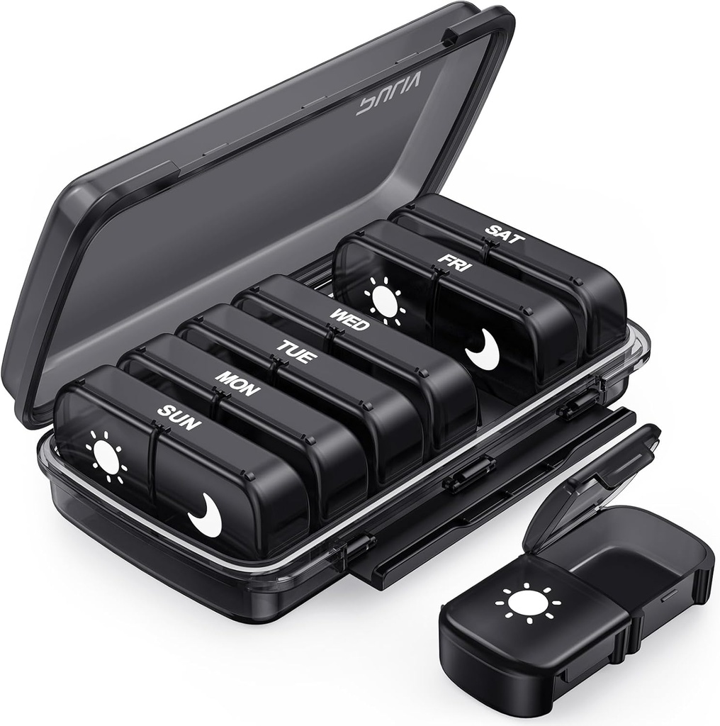 PULIV Weekly Pill Organizer 7 Dag 2 keer per dag, Black Damp-Proof AM Pill Box 7 Dag, Pill Case met Portable Design, Grote Medicine Organisator voor Vitaminen, Medicijnen, Visolie, Supplementen