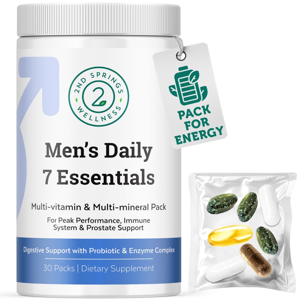 Daily 7 Essentials Men's Vitamin Pack - 7 Pack Adult Male Multivitamin & Multimineral Pack for Energy, Metabolism, Immune System Support, Prostate Support with Probiotic, Digestive Enzymes