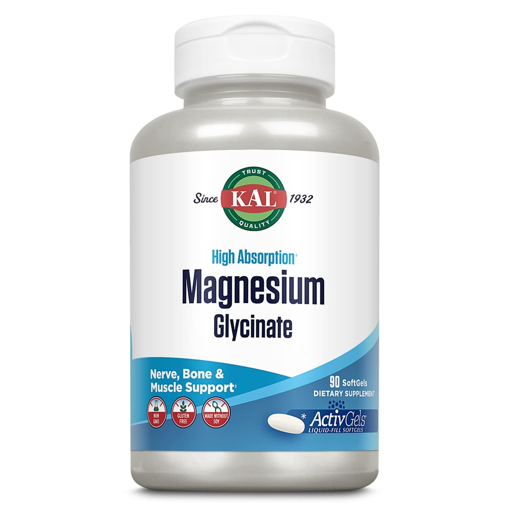 KAL Magnesium Glycinate ActivGels 315mg, High Absorptie Magnesium Supplement voor spier, zenuw- en botgezondheidsondersteuning, non-GMO, glutenvrij, 30 porties, 90 Softgels