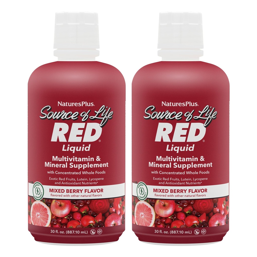 NaturesPlus Source of Life RED Multivitamine Liquid - 30 oz, Pack of 2 - Energy & Immune Support - with Exotic Red Fruits, Lycopeen & Lutein - Vegetarisch & Glutenvrij - 60 Total Servings
