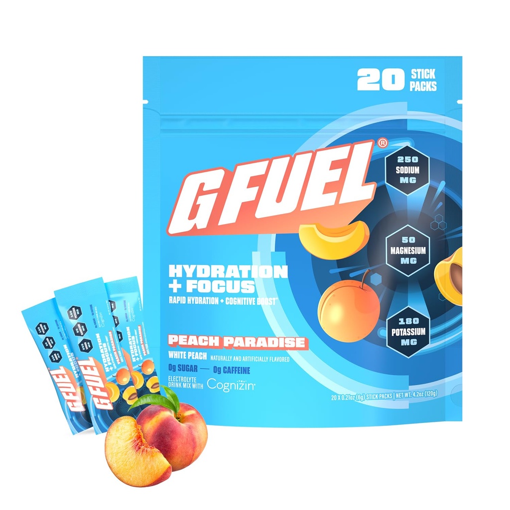 G Fuel Electrolytes Powder for Instant Hydration and Focus | Sugar Free, Peach Flavor, Electrolyte and Nootropic Drink Mix to Sharpen Mental Focus, 20 Servings