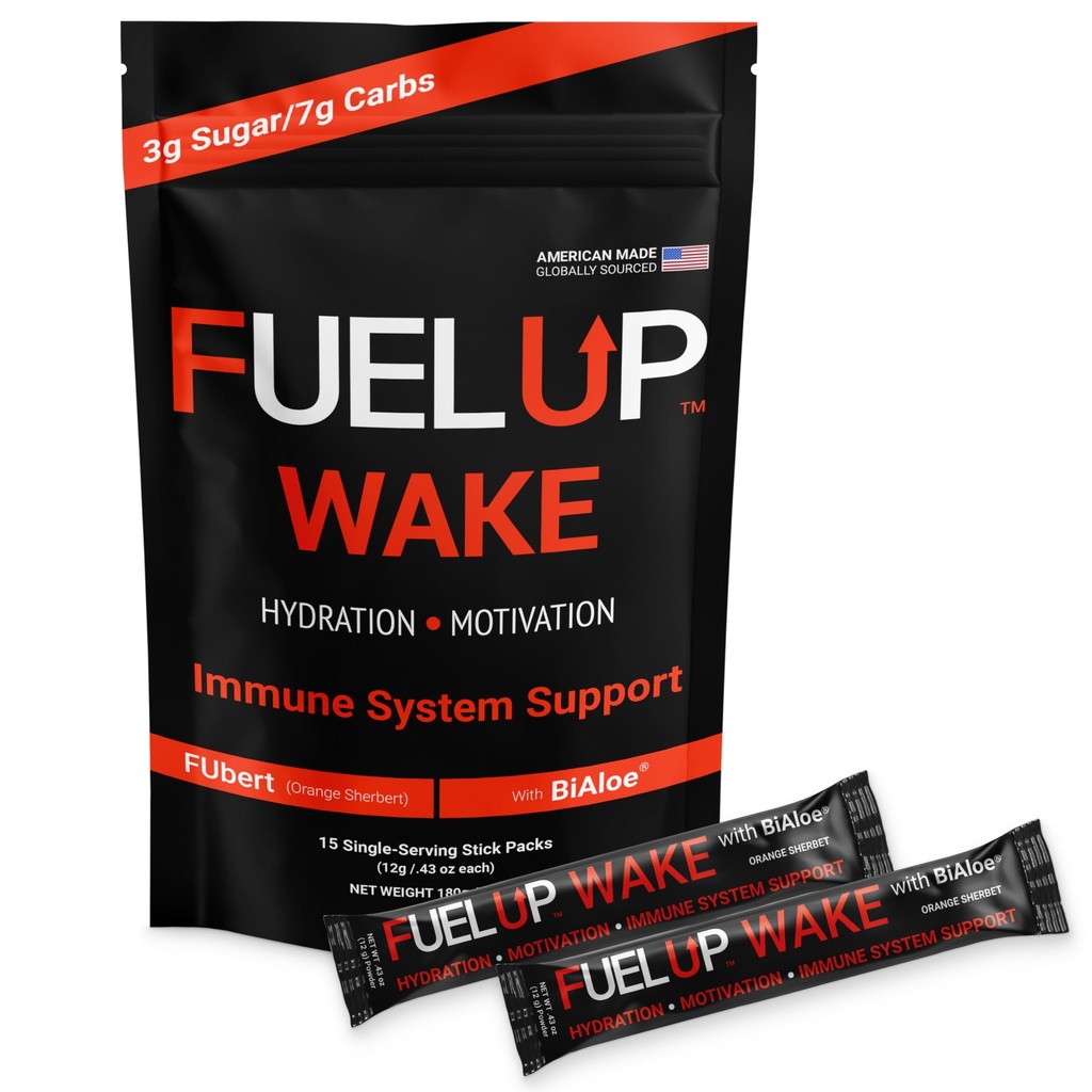 Fuel Up Wake Electrolyte Powder with BiAloe® & 180mg Natural Caffeine | Coffee Alternative Energy Drink | No Jitters No Crash | 15 Single-Serve Stick Packs | Orange Sherbet