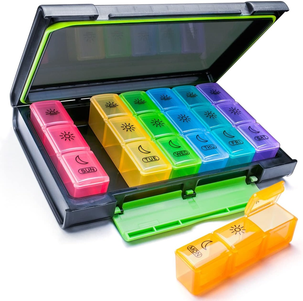 Organisateur hebdomadaire de pilules, boîte à pilules de 7 jours (3 fois par jour) Portable pour voyager avec l'humidité-Proof Design Pill case to Pills/Vitamine/Pish Oil/Supplements