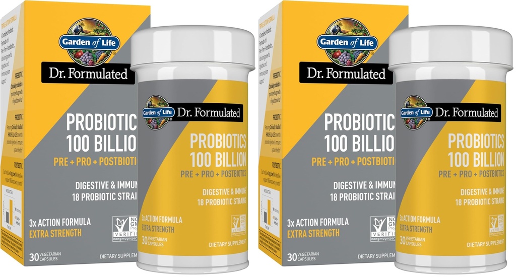 Garden of Life Dr.Formulated Pre, Post & Probiotics 100 Billion CFU Once Daily 3-in-1 Complete Probiotics,Prebiotics & Postbiotics Supplement for Women and Men-Extra Strength,30 Day Supply,(Pack of 2)