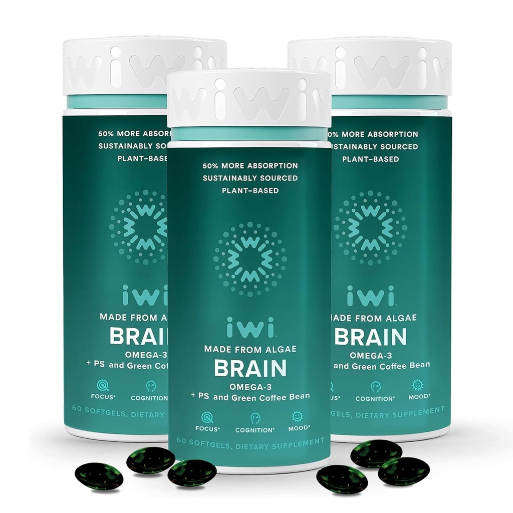 iwi life Brain Omega-3, 180 Softgels (90 Servings), Vegan Plant Based Algen Omega-3 met EPA + DHA, Focus, Geheugen en Mood Support Dieetsupplement, Krill & Fish Oil Alternative, No Fishy Aftersmaak