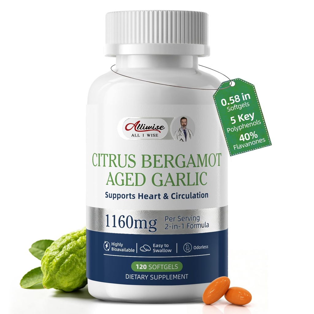 Citrus Bergamot with Aged Black Garlic Extract Softgels, 1160mg Cholesterol Support Supplement, 80% Polyphenols Bergamot Supplement for Heart, Circulation & Metabolic Health, Odorless 120 Gelcaps