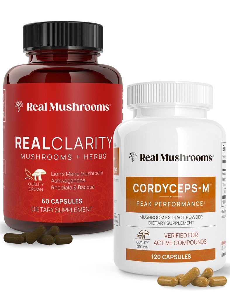 Real Paddestoelen RealClarity (60ct) en Cordyceps (120ct) Capsules Bundle - Mushroom Supplement for Mental Clarity, Focus, Energy & Vitality - Vegan, Non-GMO, geverifieerde niveaus van Beta-Glucans