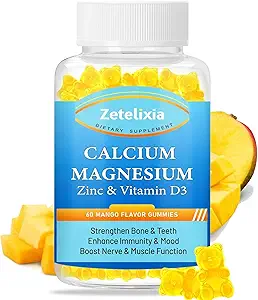 Calcium Magnesium Zink Gummies voor volwassenen en kinderen, Sugar Free Calcium Citrate Supplement,High Absorptie Magnesium Glycinate Gummies met Vitamine D3 & K2 - Bot & Muscle & Immune Health(60 Tel.)