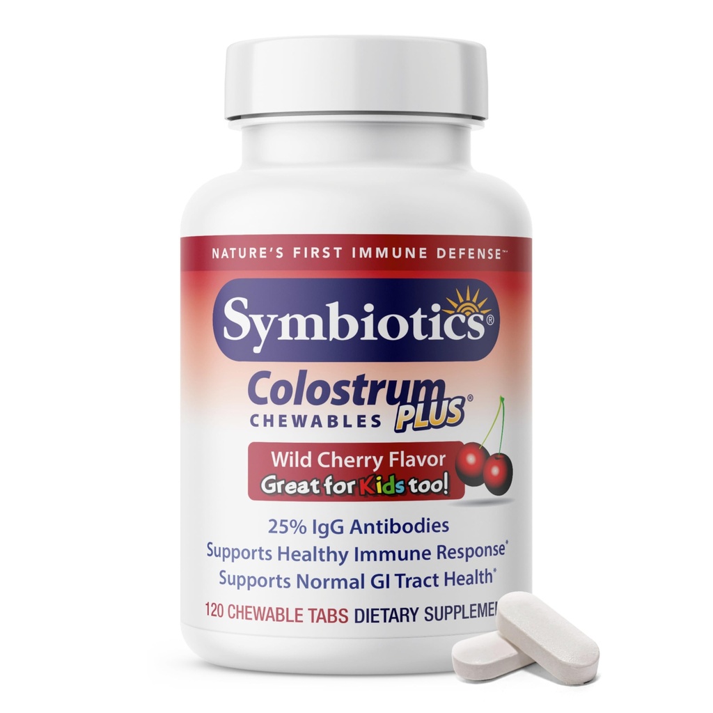 Symbiotica Colostrum 120ct kauwtabletten Plus - Immuniteitssteun voor volwassenen en kinderen - Lactoferrinesupplement & Colostrum Proteïne - Ondersteunt spijsvertering & darm - 25% lgG Antilichamen, Glutenvrij - Wilde kersen