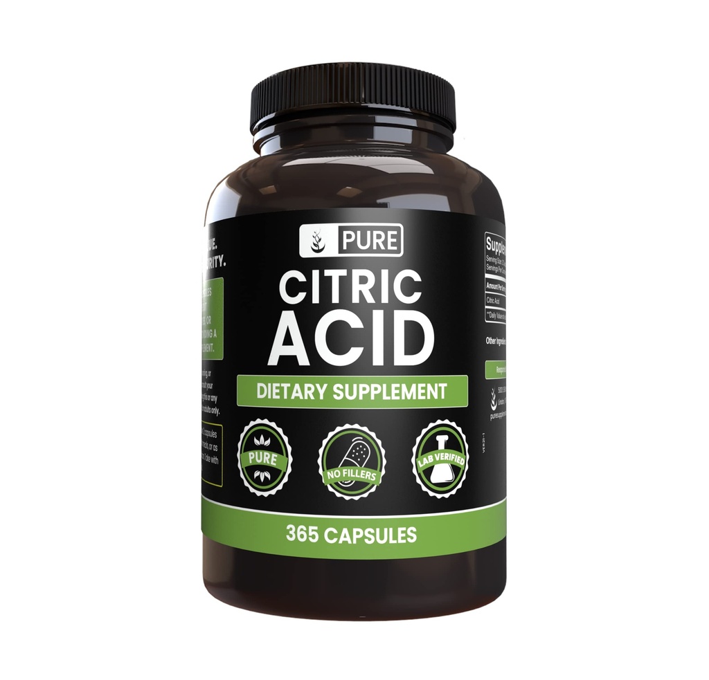 Ingrédients originaux purs Acid citrique (365 Capsules) Pas de Magnésium ou de Rice Fillers, Toujours Pure, Verified Lab