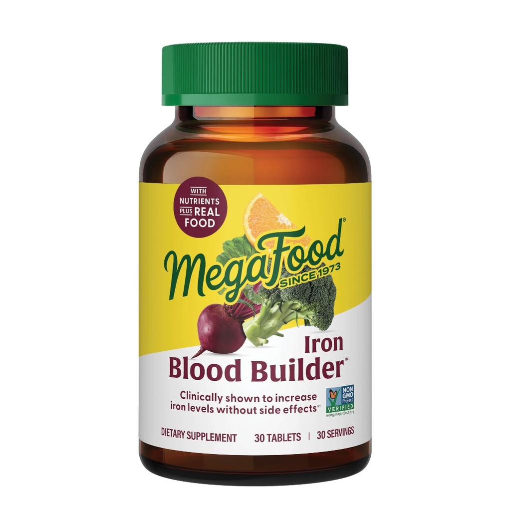 MegaFood Blood Builder Iron Supplement voor vrouwen en mannen - Verhoog ijzerniveaus zonder bijwerkingen - Bestrijding vermoeidheid - met vitamine B12, foliumzuur en vitamine C voor Absorptie - vegan - 30 tabletten