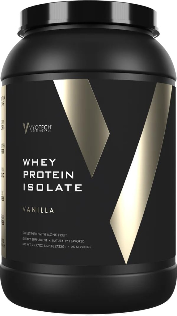 Vyotech Whey Protein Isolate | Naturally Sweetened with Monkfruit | 24g Protein | Zero Carb Sugar-Free Keto-Friendly Gluten-Free Soy-Free & Non-GMO | 25 Servings | 1.7 LBS | Vanilla Flavor