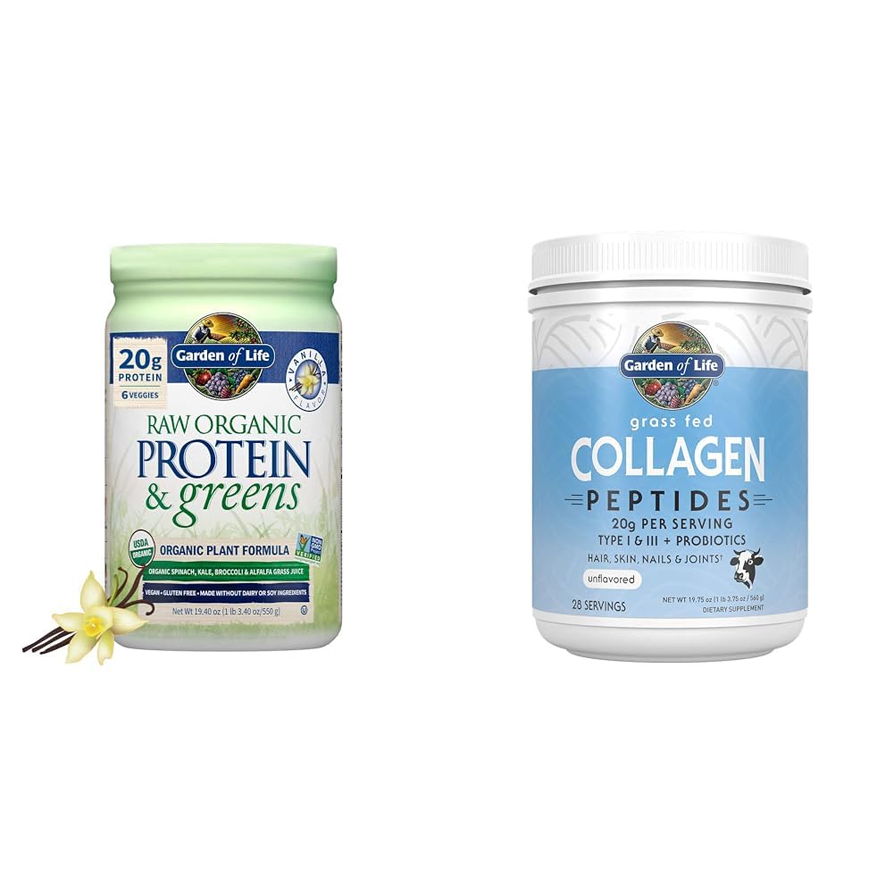 Garden of Life Raw Organic Protein & Greens Vanilla - Vegan Protein Powder for Women & Collagen Peptides Grass Fed, 19.75 Ounce