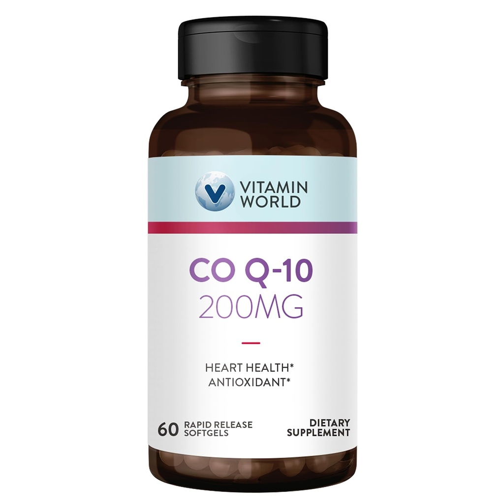 Vitamine World CoQ10 200 mg Softgels, Coenzyme Q10 suppléments pour le soutien antioxydant, la santé cardiaque et la production d'énergie, sans gluten, 60 Softgels à libération rapide