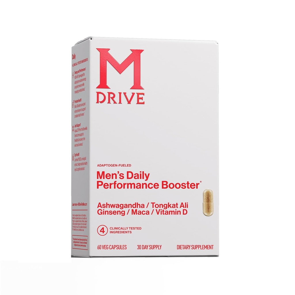 Mdrive Mannen Dagelijkse Prestatie Complex Ondersteuning Supplement voor Mannen - Ashwaghanda, Tongkat Ali, Ginseng, Maca & Vitamine D, 60 Capsules, 30 dagen levering