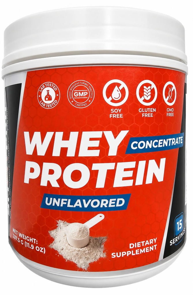 Whey Protein Concentrate Powder Unflavored 15 Servings 11.9 Oz. GMO Free, Gluten Free, Soy Free, Lab Tested, GMP Certified