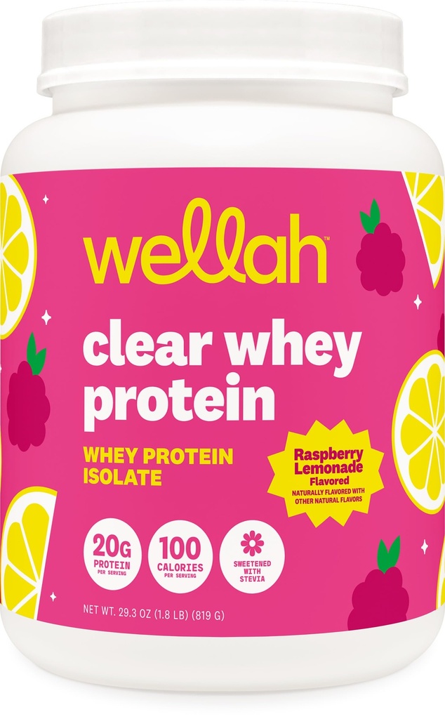 Wellah Clear Whey Protein Isolate Powder (Raspberry Lemonade) 30 Servings - 20g of Protein, 100 Calories, Sweetened with Stevia
