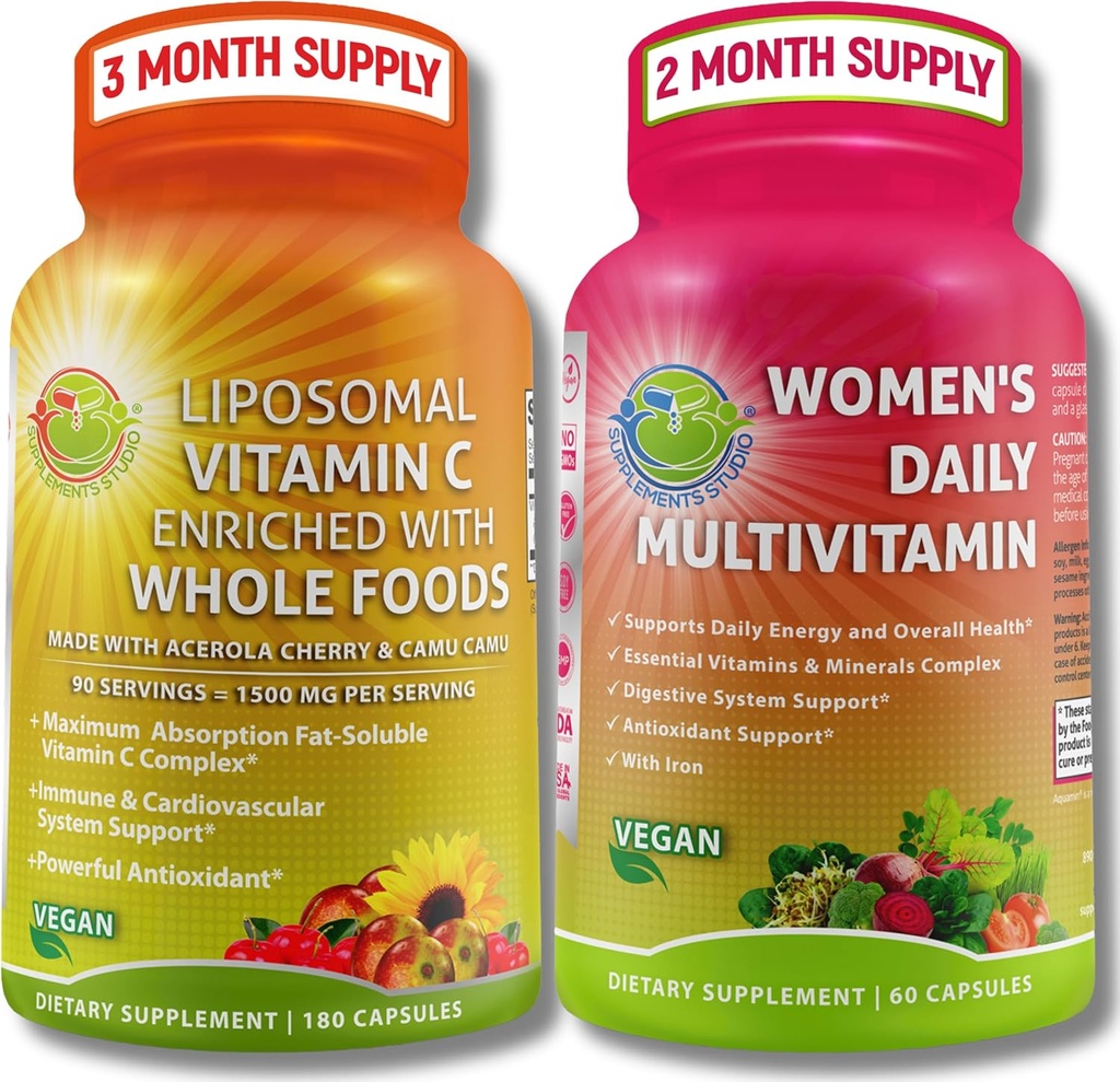 Antioxidant & Immunity Support Bundle - Liposomale vitamine C 1500mg met biologische Acerola Cherry & Camu Camu + Women's Daily Multivitamine met ijzer, Superfoods, Probiotica & Enzymes 