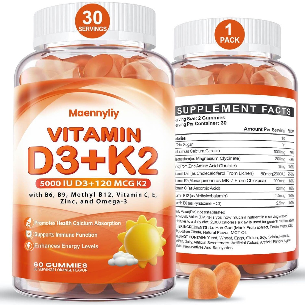 Vitamine D3 K2 Gummies voor volwassenen - Vitamine D3 5000IU + K2 (MK-7) 120mcg - Suikervrije D3 en K2 Supplementen met Omega-3, Methyl B12, B9, B6, Vitaminen E & Zink - voor Calcium Absorptie & Immune Health
