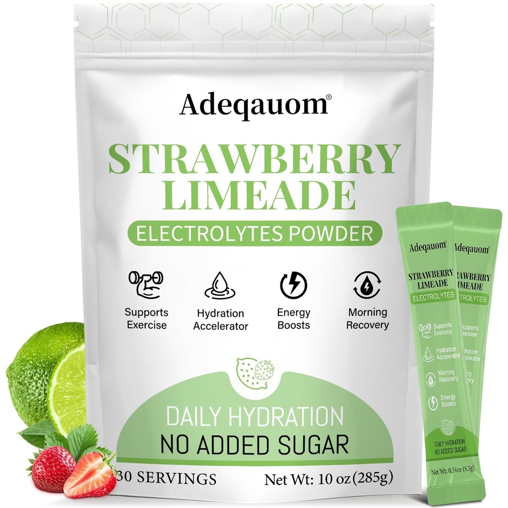 Strawberry Limeade Electrolytes Powder Packets, Instantly Hydration Drink Mix Just Whole Food Ingredients, Energy Boost, Exercise Recovery Liquid & Daily I V Minerals Support, 30 PCS, No Sugar Added
