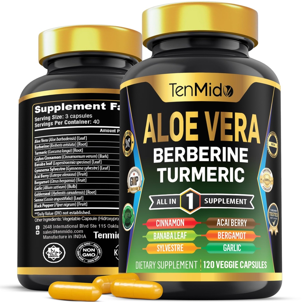 Aloe Vera Capsules Supplement - 12in1 Formule - Combineer met Berberine, Turmeric, Ceylon Cinnamon, Banaba Leaf, Gymnema Sylvestre, Acai Berry, Bergamot, Knoflook, en Meer - 120 Capsules