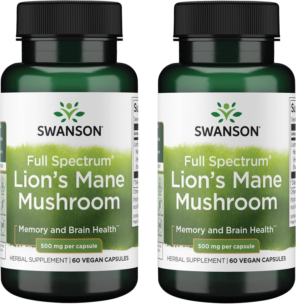 Swanson Full Spectrum Lion's Mane Mushroom - Brain Health Supplement to Support Memory, Focus & Clarity* - May also Aid Immune, Heart & Digestief Health - Gluten-Free & Non-GMO - 60 Capsules (2 Pack)