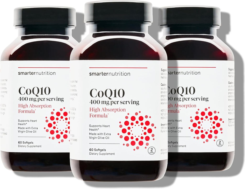 SMARTERNUTRITION CoQ10 400 mg Hoge Absorptie - Uiteraard gefermenteerd Ubichinon met/Organische koudgeperste olijfolie - voor de gezondheid van het hart, Cellular Energy - Non-GMO, Glutenvrij - 180 Tellen[90-Dagvoorziening]