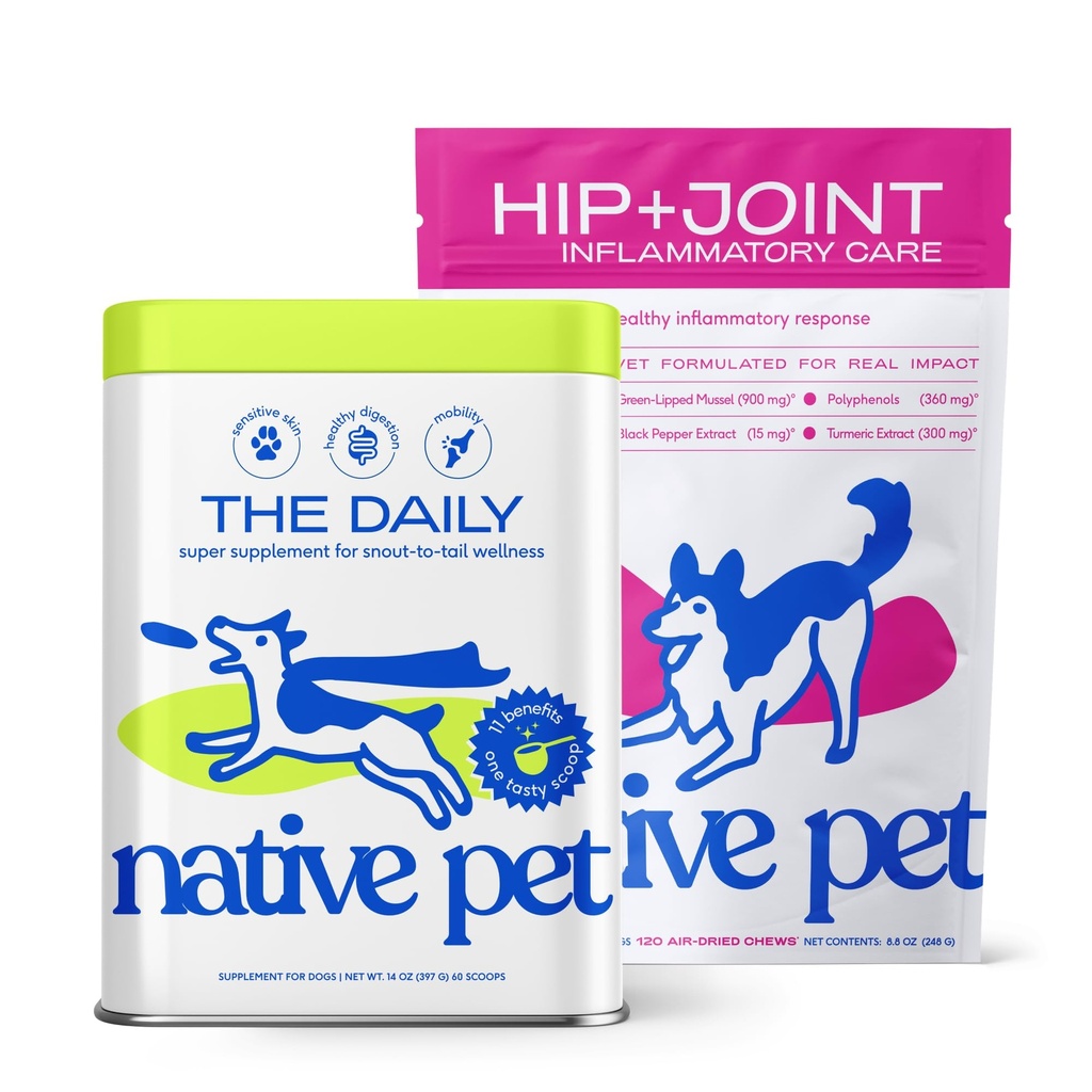 Native Pet Health & Mobility Bundle: Relief Chews for Dogs (120 Air-Dried Chews) & The Daily Dog Multivitamins (60 Scoops) Anti-Inflammatory for Strong Joints & 11-in-1 Multivitamin for Pups