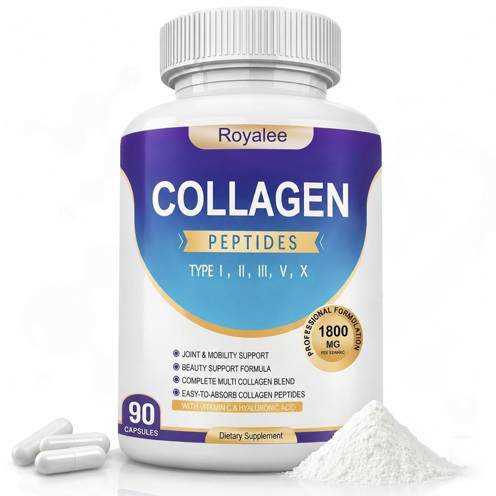 Multi Collagen Peptides for Women & Men - 1800mg Collagen Supplement with Hyaluronic Acid & Vitamin C - Types I, II, III, V, X Collagen Tablets for Hair, Skin, Nails & Joint - 90 Capsules