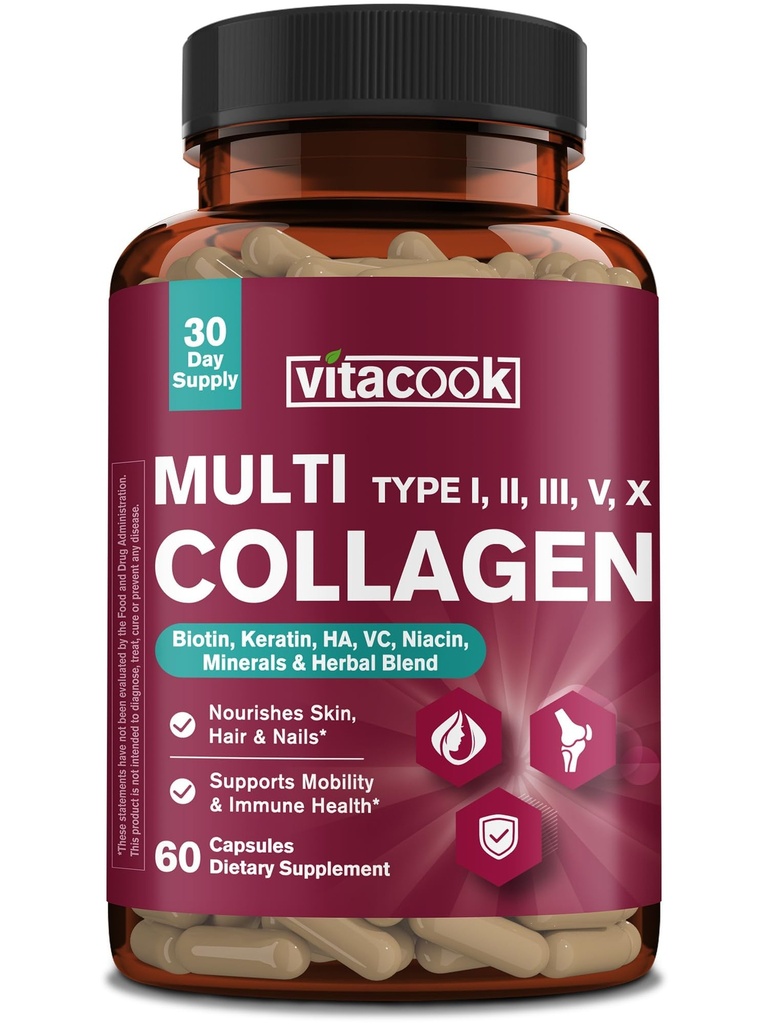 Multi Collagen Peptides for Women & Men, Hydrolyzed, Types I, II, III, V, X, Biotin, Keratin, Hyaluronic Acid, VC, Zinc, Selenium & Herbal Blend for Skin, Hair, Nails & Mobility, 60 Capsules