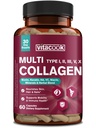 Multi Collagen Peptides for Women & Men, Hydrolyzed, Types I, II, III, V, X, Biotin, Keratin, Hyaluronic Acid, VC, Zinc, Selenium & Herbal Blend for Skin, Hair, Nails & Mobility, 60 Capsules