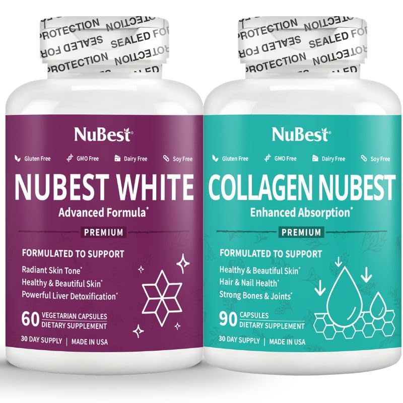 NuBest Beauty Bundle White Skin Brightening + Collagen Hydrolyzed Peptides for Max Absorption, Radiant Skin & Hair, Non-GMO