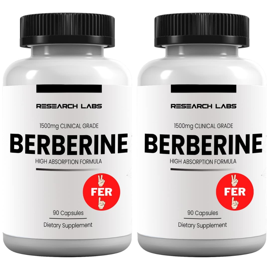 Research Labs 2 Fer 1 Ad - 1500mg Klinische graad Berberine Hoge absorptie Formule & BerberQuilTM Ondersteuning. 180 Totaal Capsules. 500mg Elke capsule