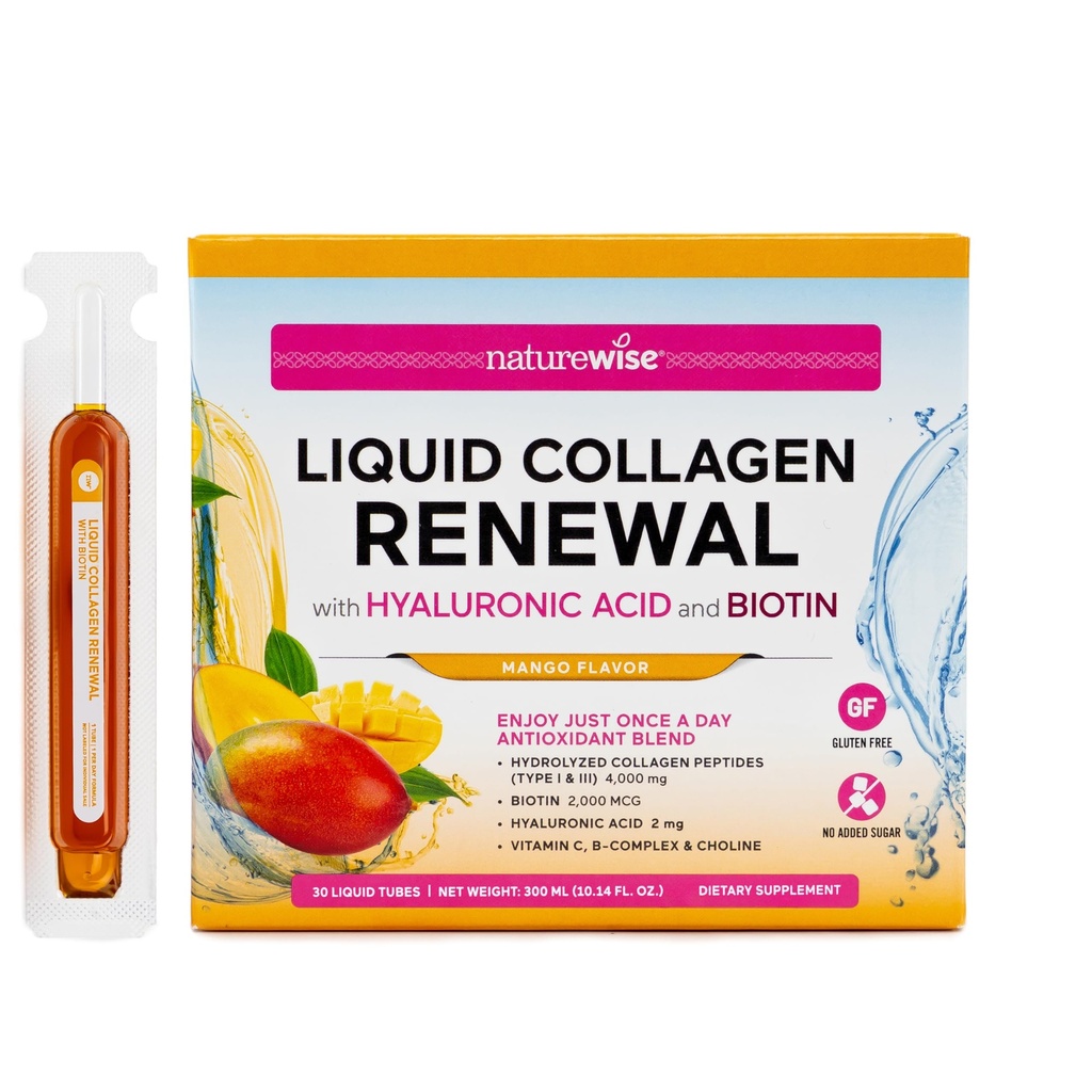 NatureWise Hydrolyzed Liquid Collagen for Women & Men 4000mg - No Added Sugar - Multi Collagen Peptides + Biotin + Vitamin C + Vitamin B Complex & Hyaluronic Acid - Mango - 30 Tubes[30 Day Supply]