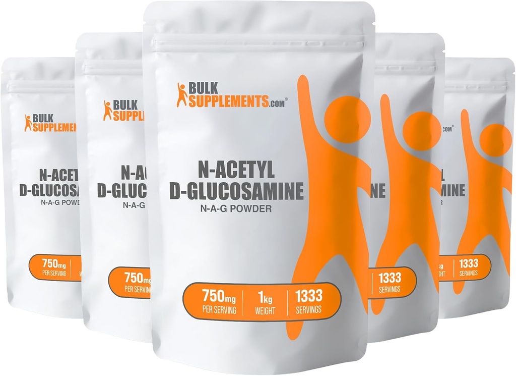 BulkSupplements.com Poudre de N-acétyle Glucosamine - Poudre de NAG, Glucosamine 750mg, Supplément de Glucosamine - Poudre de Glucosamine, Sans gluten, 750mg par portion, 5kg (11 lb) (paquet de 5)