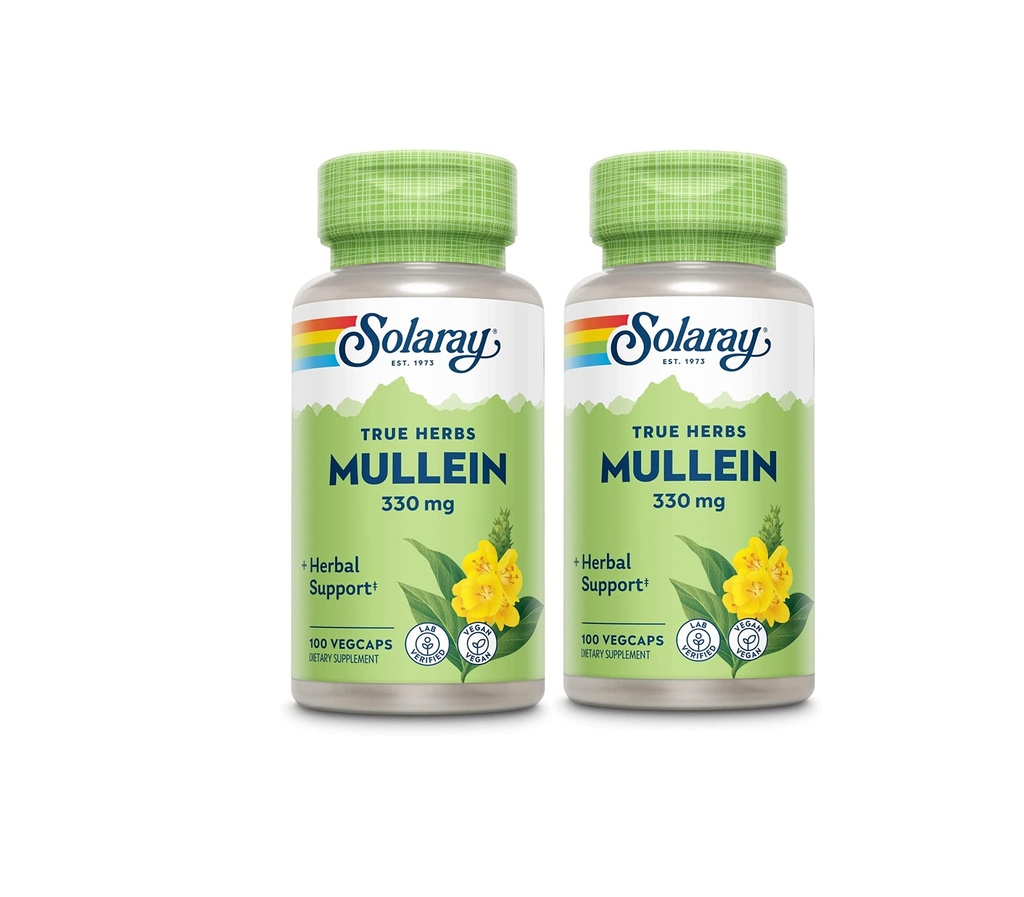 SOLARAY Mullein Leaf, Herbal Support for Healthy Respiratory and Bronchial Function 330mg, Vegan, 100 Servings, 100 VegCaps (Pack of 2)